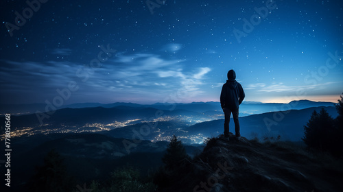 Young traveler watched the star and milky way on top of the mountain alone before sunrise. He is happy to be with herself and stay with nature at twilight time