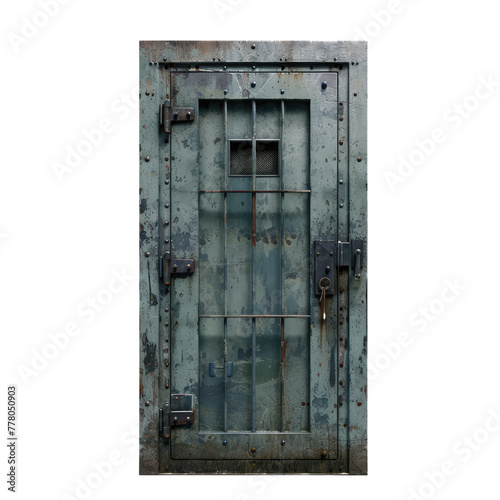 Closed door of a prison cell isolated on white background