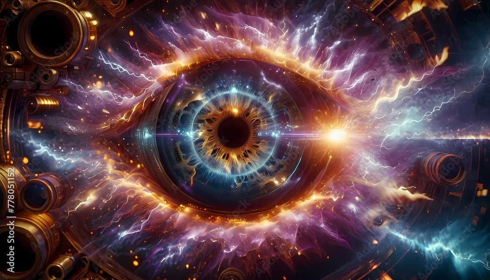 Obraz premium Generative AI. a close up of an eye. The eye has a lot of detail, is surrounded by a lot of gears and. The gears and cogs are made of a gold color metal. 