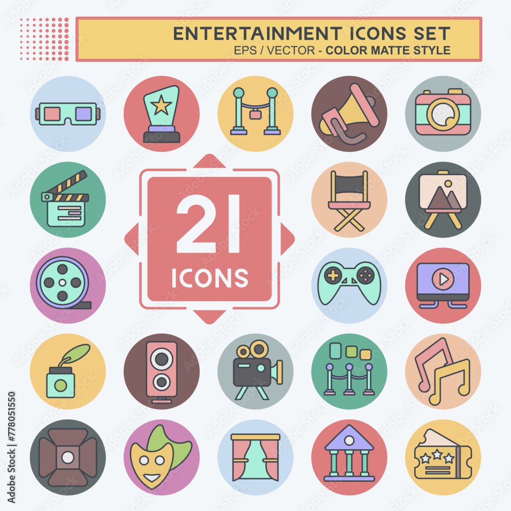 Icon Set Entertainment. related to Hobby symbol. color mate style. simple design illustration Icon Set Entertainment. related to Hobby symbol. color mate style. simple design illustration