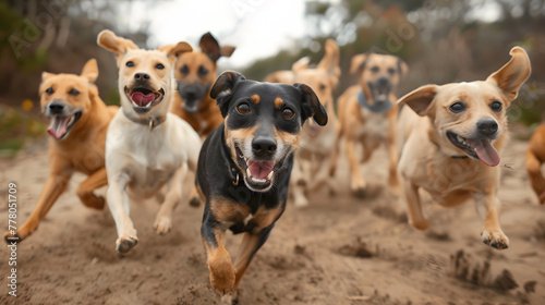 a group of dogs running directly into the camera