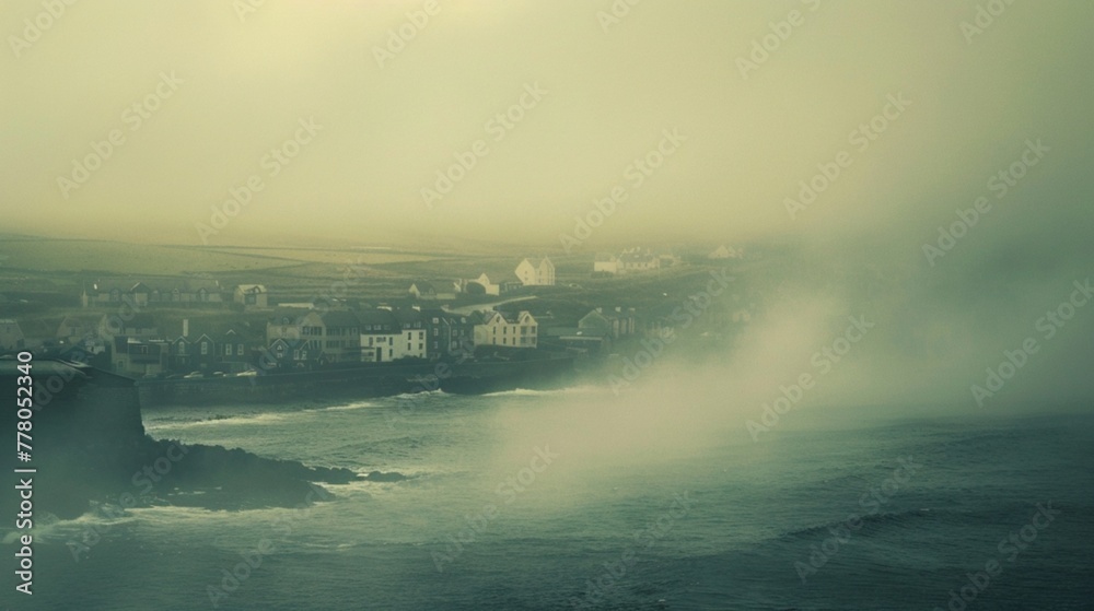 A dense fog rolling in off the ocean, shrouding a coastal town in an air of mystery and intrigue.