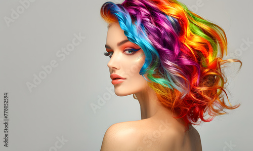 Female portrait on black with colorful or colourful hair