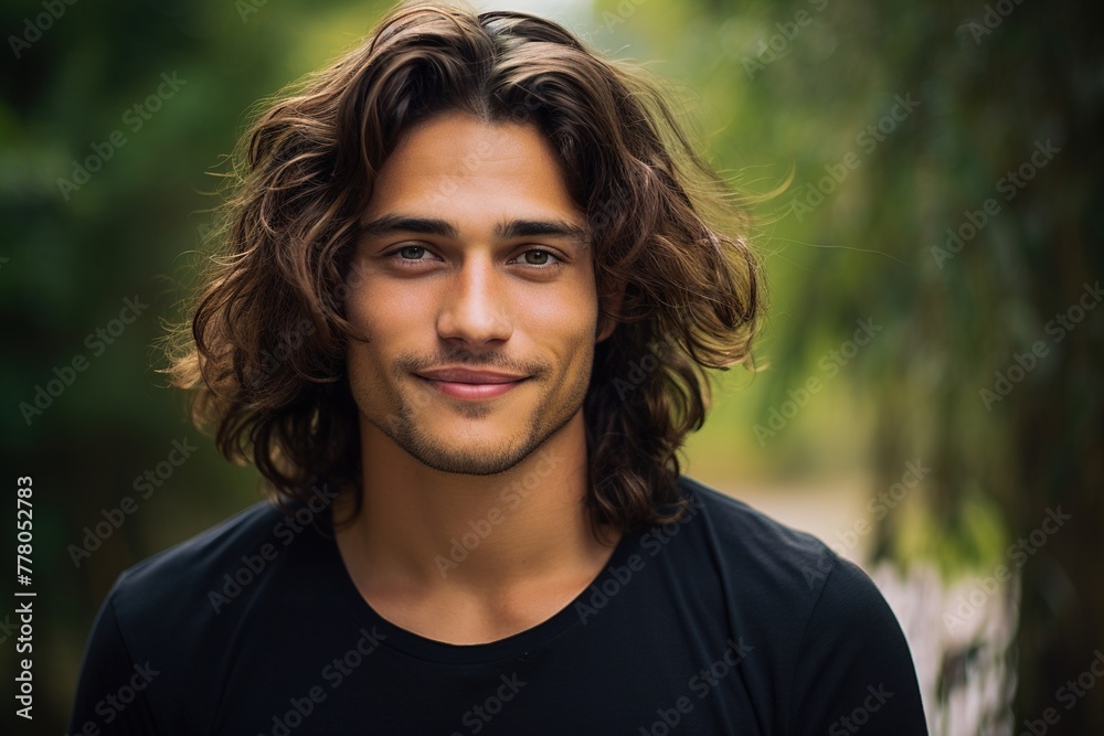 A man with long hair is smiling and wearing a black shirt A man with long hair is smiling and wearing a black shirt