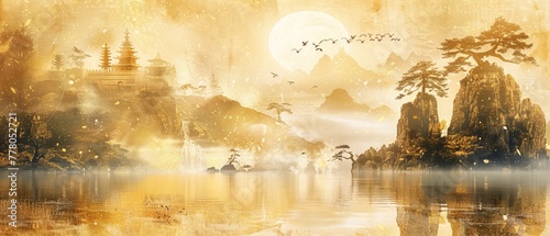 gold leaf extra effects with traditional Chinese landscape paintings