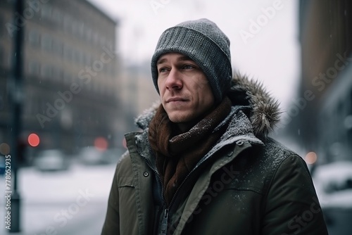 A man wearing a hat and scarf stands on a snowy street