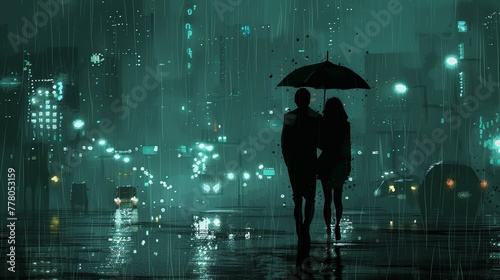 A couple is walking in the rain with an umbrella. Scene is romantic and intimate