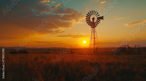 A windmill is in a field with a sunset in the background