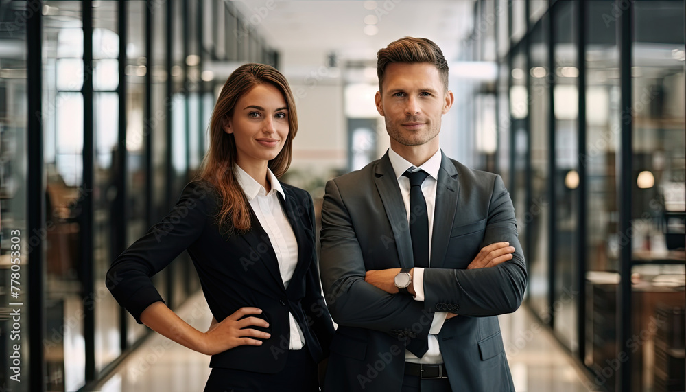 Businessman and businesswoman in suits are standing in an office. Businessman and businesswoman in suits are standing in an office.