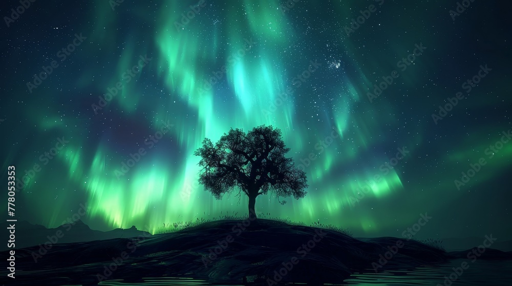 A tree is surrounded by a beautiful aurora. The sky is dark and the aurora is bright and colorful A tree is surrounded by a beautiful aurora. The sky is dark and the aurora is bright and colorful