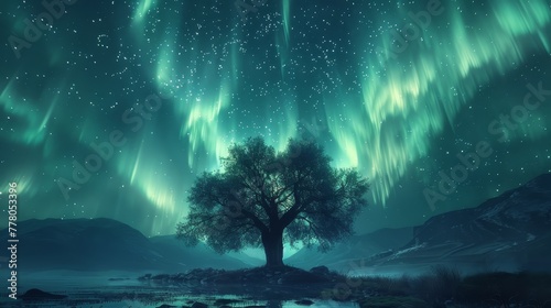 A tree is surrounded by a beautiful aurora. The sky is filled with stars and the aurora is glowing brightly