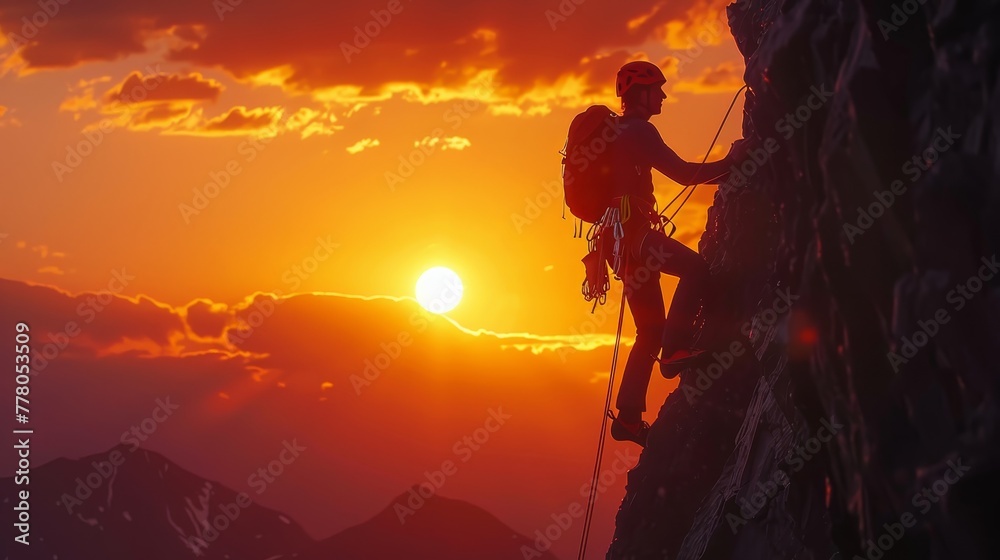 A man is climbing a mountain with a sunset in the background. Concept of adventure and determination as the man faces the challenge of scaling the steep rock face A man is climbing a mountain with a sunset in the background. Concept of adventure and determination as the man faces the challenge of scaling the steep rock face