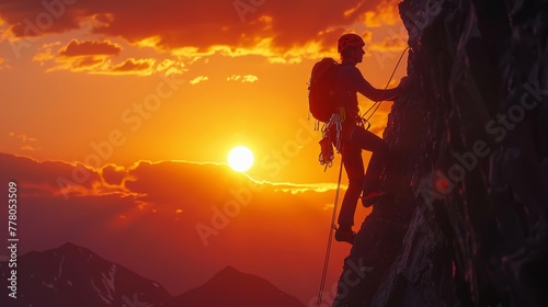 A man is climbing a mountain with a sunset in the background. Concept of adventure and determination as the man faces the challenge of scaling the steep rock face