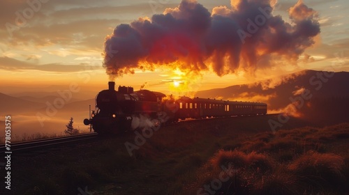 A train is traveling down a track with a sunset in the background. The train is surrounded by a beautiful landscape, with mountains in the distance and a field of grass