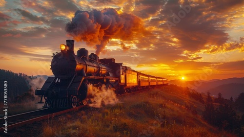 A steam train is traveling down a track with a beautiful sunset in the background. The train is the main focus of the image, and the sunset adds a sense of tranquility and serenity to the scene