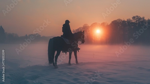 A man is riding a horse in the snow. The sky is orange and the sun is setting