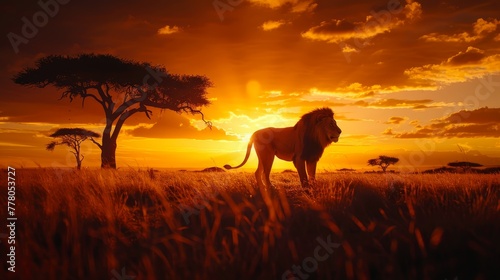 A lion is walking in the savanna at sunset. The sky is orange and the lion is the main focus of the image