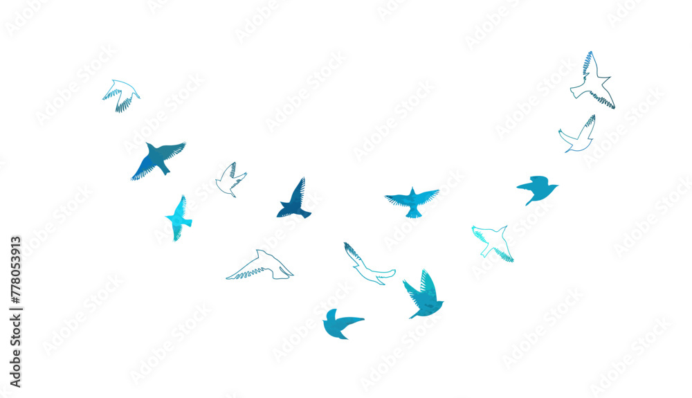 A flock of blue watercolor flying birds. hand drawing. Not AI, Free birds abstraction. Vector illustration A flock of blue watercolor flying birds. hand drawing. Not AI, Free birds abstraction. Vector illustration