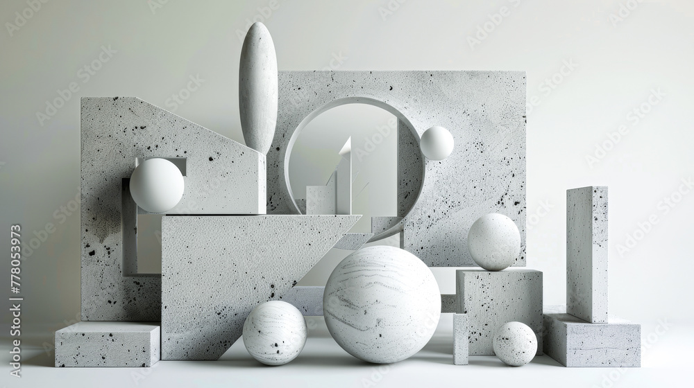 A still life arrangement of marble and concrete shapes balancing form ...
