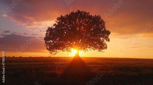 A tree is silhouetted against a beautiful sunset. The tree is the main focus of the image, and it is a large, majestic tree. The sky is filled with vibrant colors, creating a serene