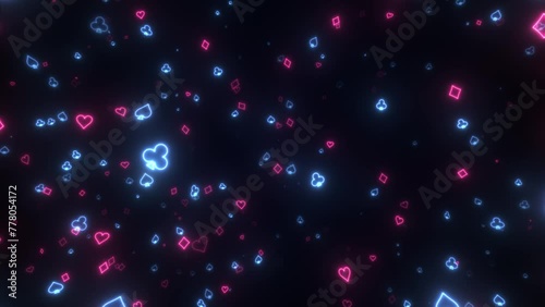 Neon red blue casino background looping with playing card suit symbols 3D render 4K. The neon signs of card suit icons. oncept of online casino and bet. Gambling animation of four playing card suits