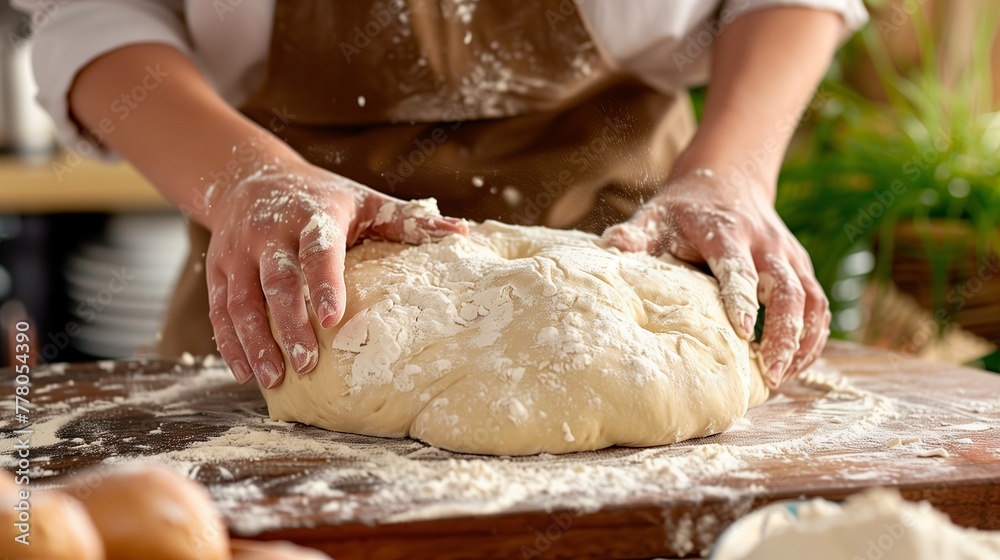 person kneading dough. close up of hands preparing dough for bake.