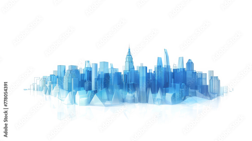 Blue digital city, skyscrapers on a white background.