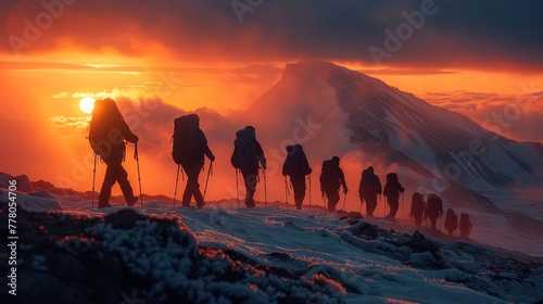 A group of people are hiking up a mountain  with the sun setting in the background. Scene is peaceful and serene  as the group of hikers make their way up the mountain