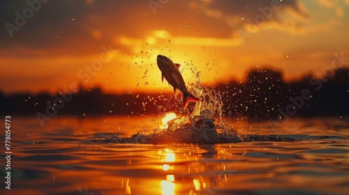 A fish is jumping out of the water in the evening sun. The water is calm and the sky is orange