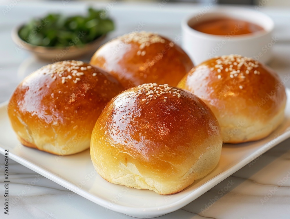 Freshly baked bread buns in a white tray