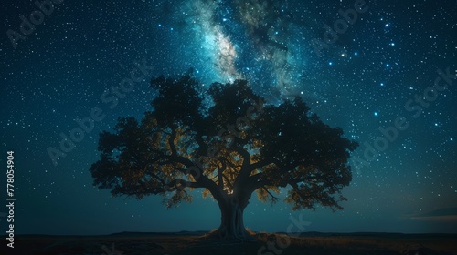 A tree is lit up by the stars in the sky. The tree is surrounded by a dark field