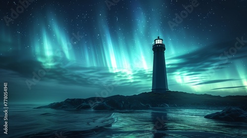 A lighthouse is on a rocky shoreline at night. The sky is filled with auroras, creating a serene and peaceful atmosphere