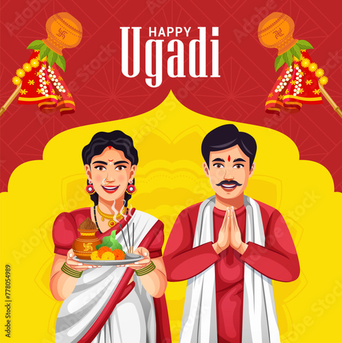 Vector illustration of traditional festival holiday background for Happy Ugadi. Celebrated in the states of Andhra Pradesh, Telangana and Karnataka in India