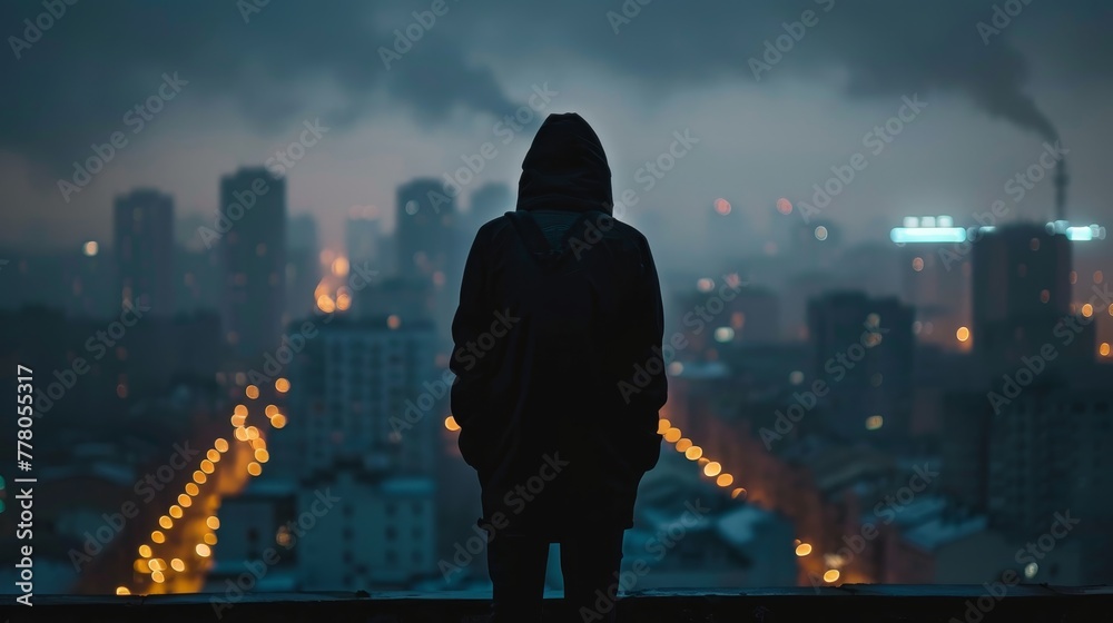 A person is standing on a rooftop in a city at night. The city is lit up with lights, creating a moody atmosphere A person is standing on a rooftop in a city at night. The city is lit up with lights, creating a moody atmosphere