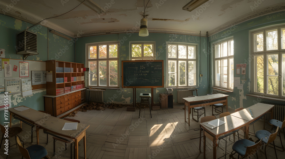 An empty classroom with desks and chairs arranged neatly