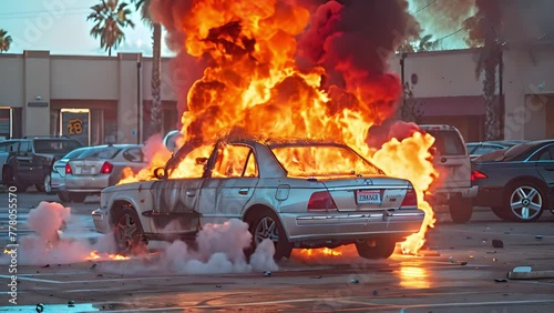 Burning car on a dark background. Car catching fire, after act of vandalism or road incident. Burning vintage car
