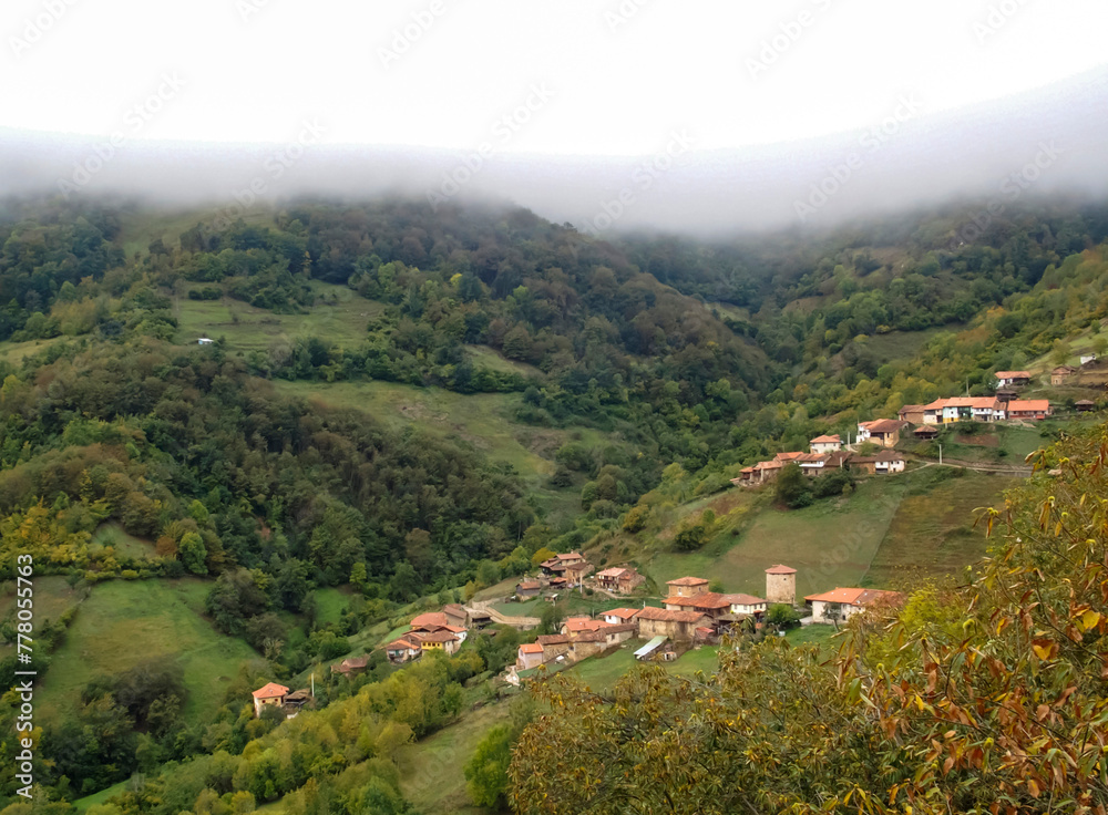View of the mountain village of Bandujo. Proaza, Asturias, Spain.