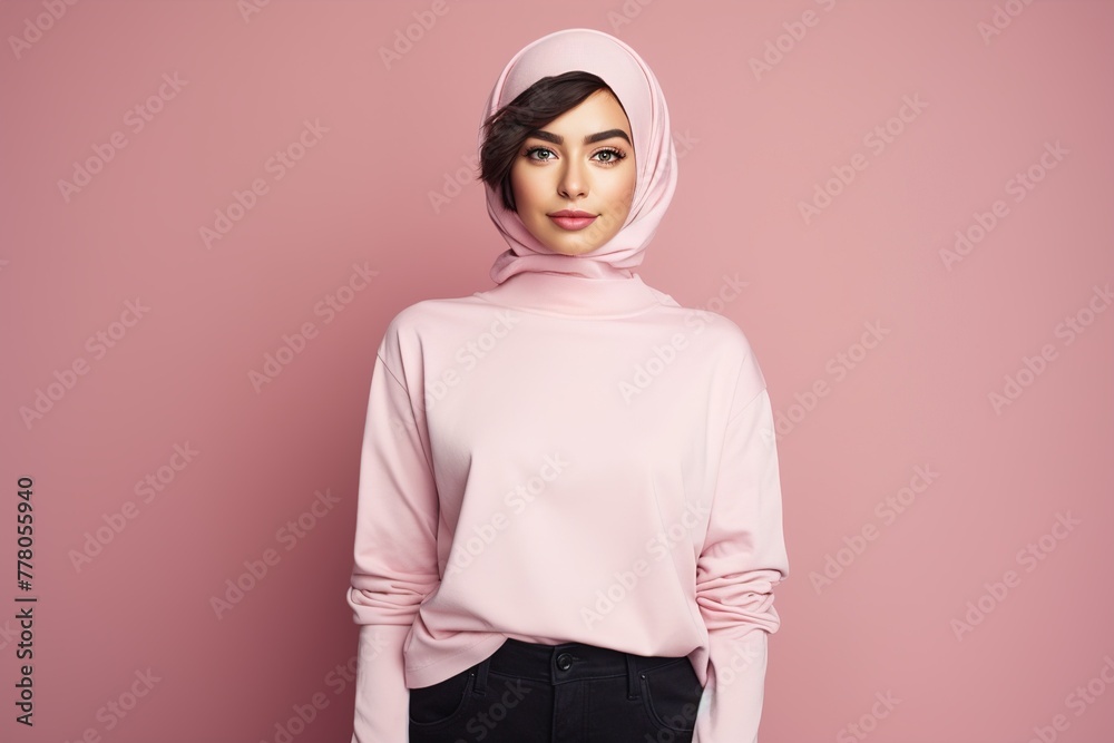A woman wearing a pink shirt and a pink scarf A woman wearing a pink shirt and a pink scarf