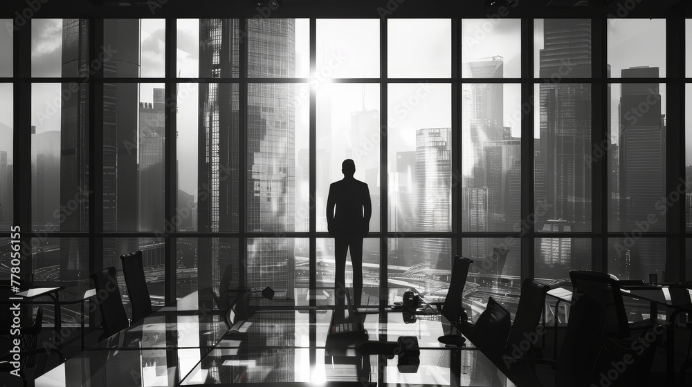 A man in a suit stands in front of a window looking out at the city. The room is filled with chairs and a table