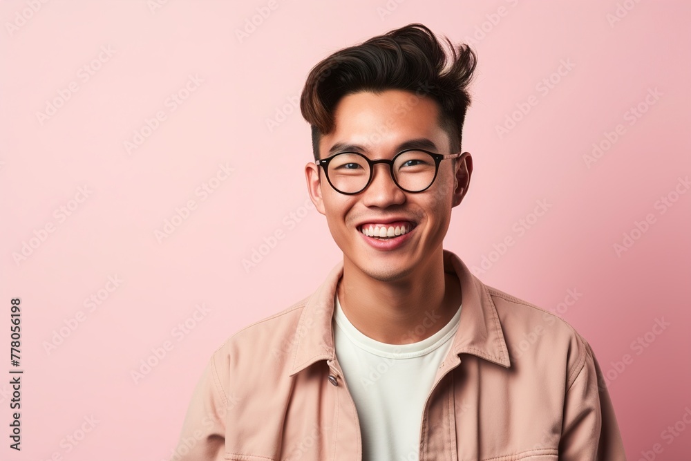 A man with glasses is smiling and wearing a pink shirt