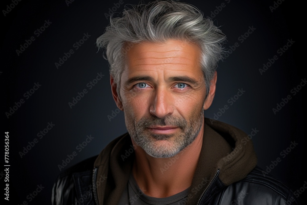 A man with a beard and gray hair is wearing a black jacket and a brown hoodie