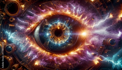 Generative AI.  a close up of an eye. The eye has a lot of detail   is surrounded by a lot of gears