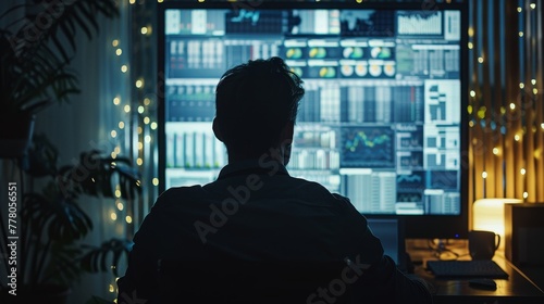 A man is sitting in front of a computer monitor with a lot of data on it. He is wearing a black shirt and he is focused on the screen. Concept of concentration and productivity