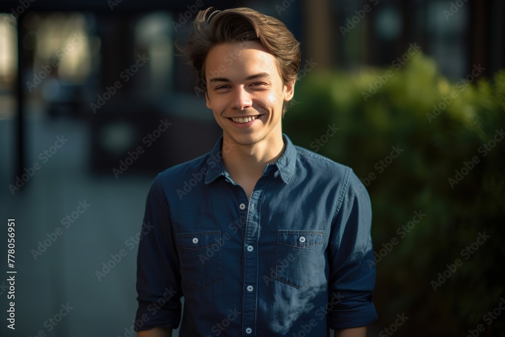 A young man is smiling and wearing a blue shirt A young man is smiling and wearing a blue shirt