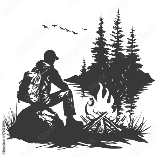 Silhouette camp activity with bonfire in nature black color only