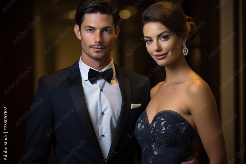 A man and a woman are dressed in formal attire, posing for a photo A man and a woman are dressed in formal attire, posing for a photo