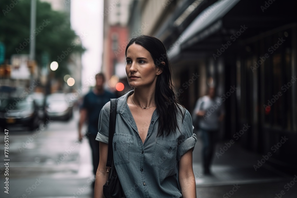 A woman is walking down a city street with a black purse