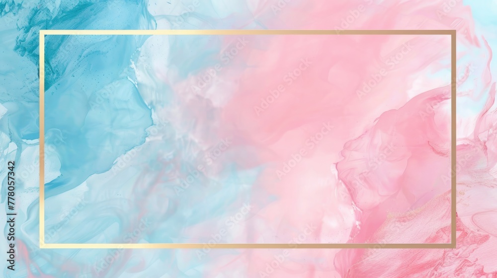Fototapeta premium Soft Pastel Pink And Blue Watercolors Themed Background With Simple Thin Golden Frame
