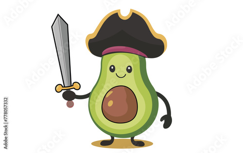 Green avocado in a pirate hat and with a sword in his hand