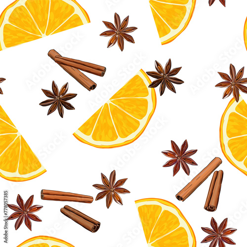 Vector seamless pattern with orange and anise and cinnamon. Food, summer sweet pattern